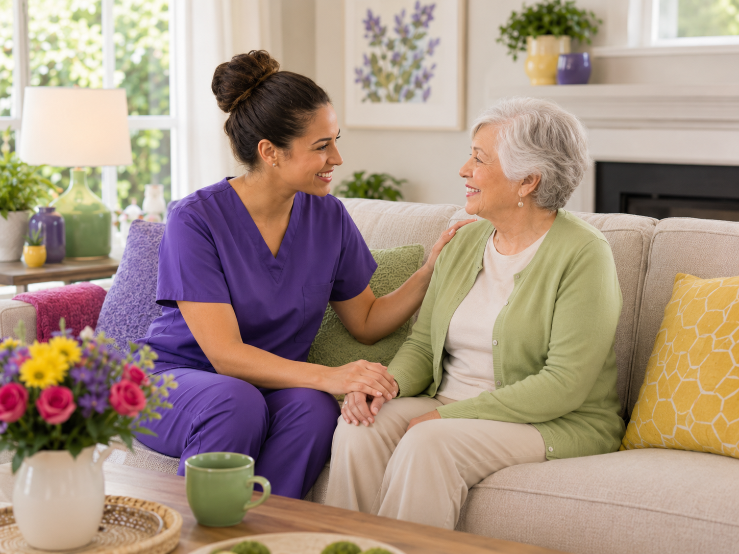 Caregiver providing compassionate home care to a senior client